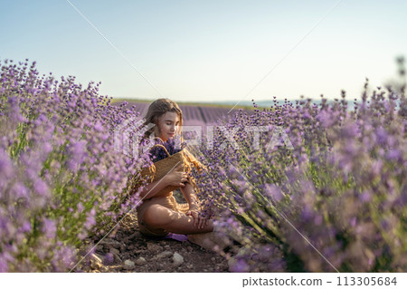 Girl is sitting in a field of purple flowers. She is holding a basket of flowers and smiling. Scene is peaceful and serene, as the girl is surrounded by the beauty of nature. Girl is sitting in a field of purple flowers. She is holding a basket of flowers and smiling. Scene is peaceful and serene, as the girl is surrounded by the beauty of nature. 113305684