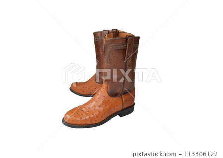 Brown cowboy boots on a white background. Brown cowboy boots on a white background. 113306122