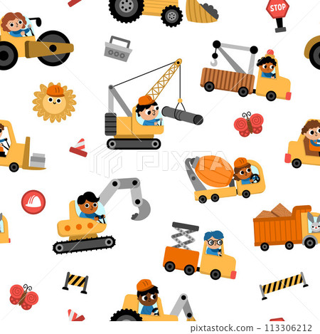 Vector special transport seamless pattern with drivers. Construction site, road work, building transport repeat background with bulldozer, tractor, truck. Cute repair service vehicles texture for Vector special transport seamless pattern with drivers. Construction site, road work, building transport repeat background with bulldozer, tractor, truck. Cute repair service vehicles texture for 113306212