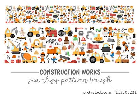 Big vector construction site, road work seamless pattern brush. Cute repair service or building repeat boarder with kid builders, transport, bulldozer, tractor, truck, crawler crane, animals Big vector construction site, road work seamless pattern brush. Cute repair service or building repeat boarder with kid builders, transport, bulldozer, tractor, truck, crawler crane, animals 113306221