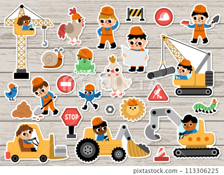 Big vector construction site and road work stickers set. Building patches collection with funny kid builders, transport, bulldozer, tractor, truck, crawler crane, animals on wooden background Big vector construction site and road work stickers set. Building patches collection with funny kid builders, transport, bulldozer, tractor, truck, crawler crane, animals on wooden background 113306225