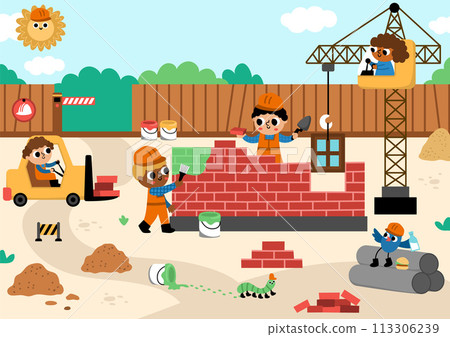 Vector construction site landscape illustration. Scene with kid workers in building a brick house. Horizontal background with funny builders, painters, animals and bird, lifting crane, vehicles Vector construction site landscape illustration. Scene with kid workers in building a brick house. Horizontal background with funny builders, painters, animals and bird, lifting crane, vehicles 113306239