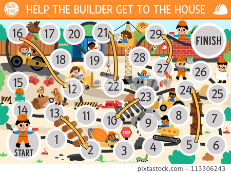Construction site dice board game for children with cute kid builders, transport, bulldozer, tractor, truck, crawler crane, animals. Building works boardgame.  Repair service printable activity for 113306243