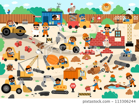 Vector construction site and road work landscape illustration. Building scene with funny kid builders, transport, bulldozer, tractor, truck, crawler crane, animals. Cute repair service background 113306244
