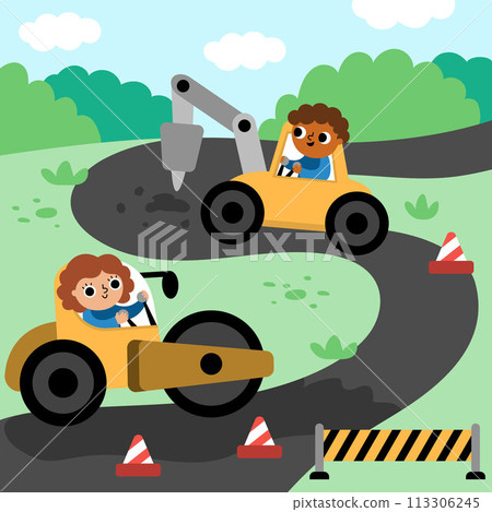 Vector road work landscape illustration. Scene with kid drivers in roller car and digger building or repairing track. Cute repair service or construction site square background with funny vehicles 113306245