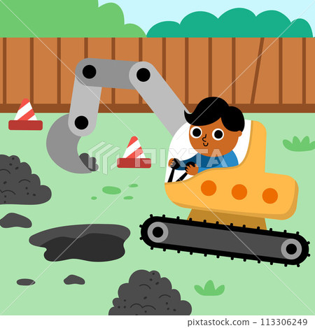 Vector road work landscape illustration. Scene with kid driver in crawler digger repairing track or digging a hole. Cute repair service or construction site square background with funny vehicle 113306249