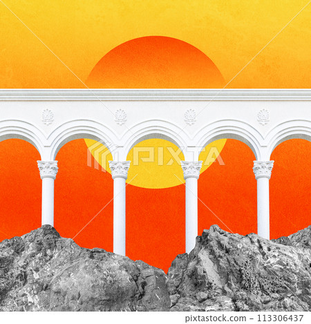 Surreal collage with elements classic architecture. Art poster, concept, zine cover. Antique cityscape 113306437