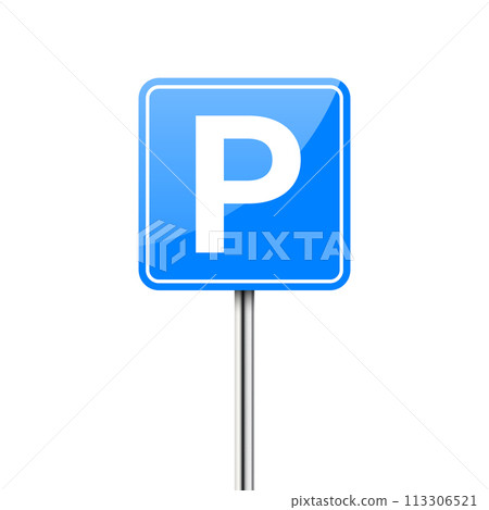 Vector Parking road sign. Parking place sign isolated on white. Glossy blue icon for parking zone Vector Parking road sign. Parking place sign isolated on white. Glossy blue icon for parking zone 113306521