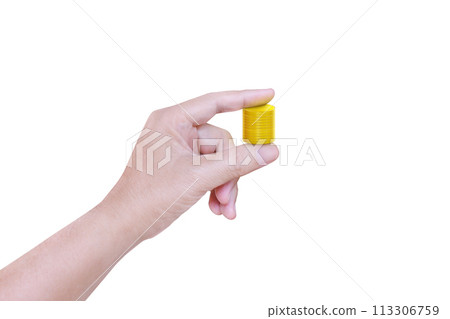 Male hands holding coins to collect Isolated on a white background 113306759