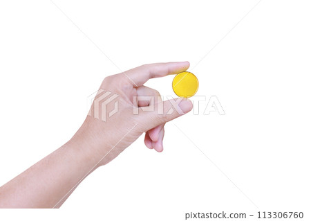 One man's hand was holding a gold coin with a finger. isolated on a white background 113306760