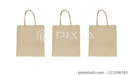folded paper bag with handles isolated on white background folded paper bag with handles isolated on white background 113306765