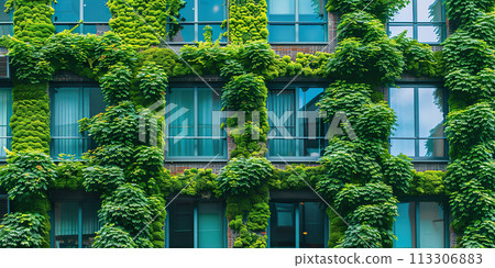 Urban apartment building covered with lush green plants 113306883