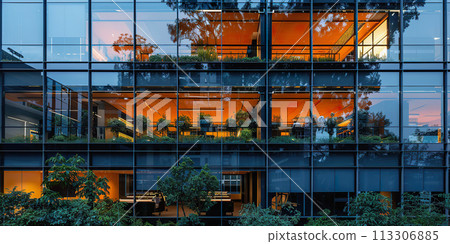 Modern Office Building with Glass Facade and Integrated Greenery 113306885