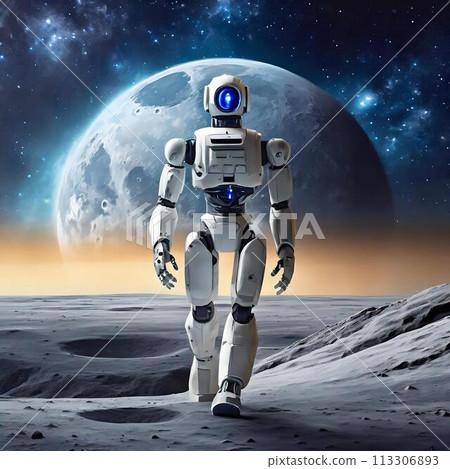 A humanoid robot walking on the moon with the Earth in the background 113306893