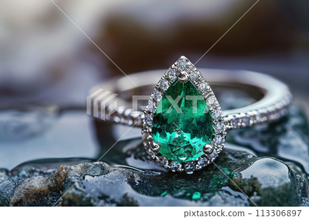 Pear cut emerald diamond engagement ring, luxury jewelry, close up Pear cut emerald diamond engagement ring, luxury jewelry, close up 113306897