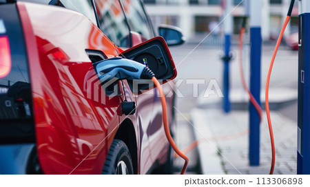 Electric vehicle charging at EV charger station in urban setting Electric vehicle charging at EV charger station in urban setting 113306898
