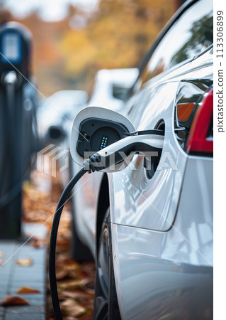Electric vehicle charging at EV charger station in urban setting Electric vehicle charging at EV charger station in urban setting 113306899