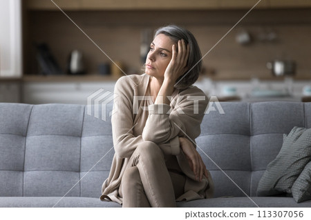 Pensive woman looking out window, ponders, missing, deep in thoughts 113307056