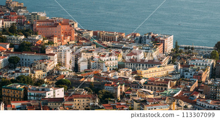 Naples, Italy. Top View Cityscape Skyline Of House In Residential Area And Part Of Gulf Of Naples In Sunny Day 113307099