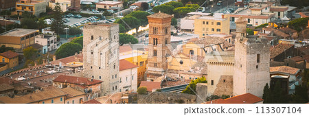 Terracina, Italy. Cityscape With Tower Of Cathedral Of San Cesareo Terracina, Italy. Cityscape With Tower Of Cathedral Of San Cesareo 113307104
