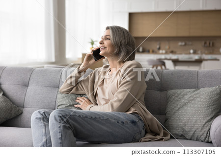 Positive mature woman sitting on sofa talking on mobile phone 113307105