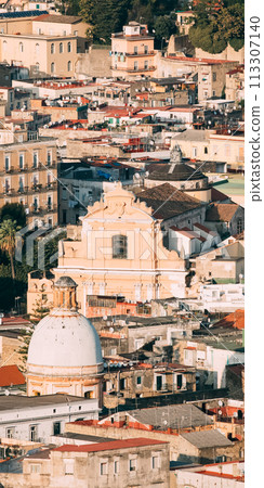 Naples, Italy. Top View Cityscape Skyline With Famous Landmarks In Sunny Day. Many Old Churches And Temples 113307140