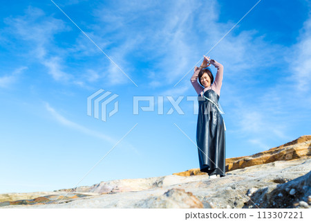 Blue sky and beautiful sea background. Girls trip. Photographed in Nanki Shirahama. 113307221