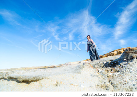 Blue sky and beautiful sea background. Girls trip. Photographed in Nanki Shirahama. 113307228