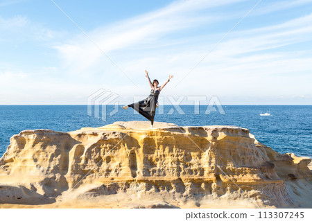 Blue sky and beautiful sea background. Girls trip. Photographed in Nanki Shirahama. 113307245