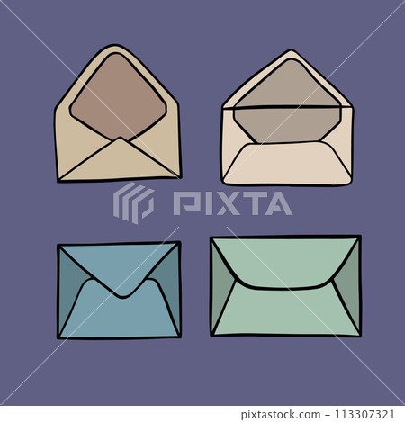 Vector isolated illustration of a set of open and closed envelopes. A new letter. Message read. Postal letter. New message. Vector isolated illustration of a set of open and closed envelopes. A new letter. Message read. Postal letter. New message. 113307321