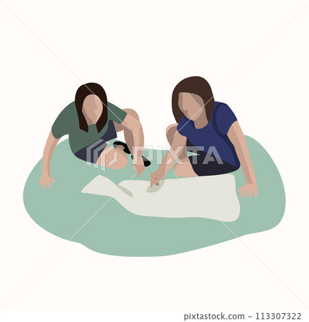 Vector isolated illustration of two girls looking for a way on a map. 113307322