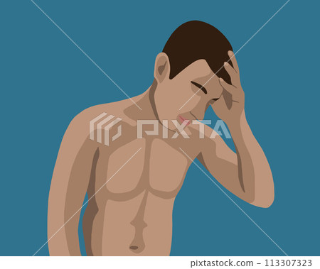 Migraine man vector isolated illustration. A man has a headache. The man is holding his head. 113307323