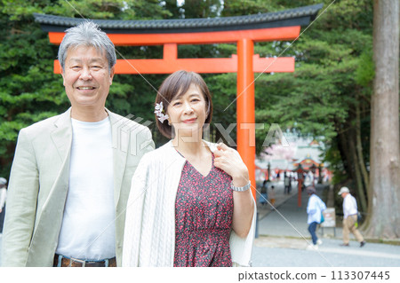 Senior couple visiting shrines Kagoshima trip Sakurajima 113307445