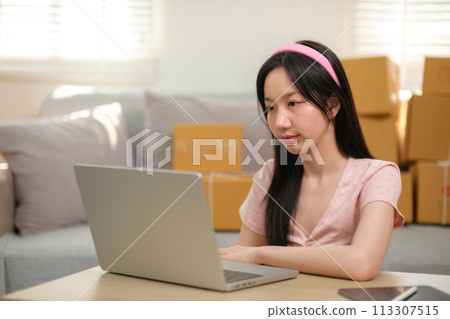 Asian business woman on sofa using a tablet checking customer order online shipping boxes at home. Starting SME Small business entrepreneur freelance. Online business, SME Work home concept. Asian business woman on sofa using a tablet checking customer order online shipping boxes at home. Starting SME Small business entrepreneur freelance. Online business, SME Work home concept. 113307515