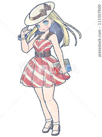 A woman in a striped dress wearing a white hat and smiling 113307600