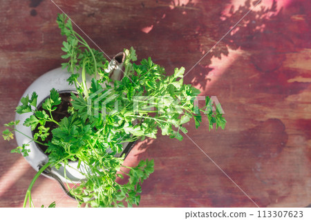 Fresh Italian Parsley in Old Vintage Pot on Wood Fresh Italian Parsley in Old Vintage Pot on Wood 113307623