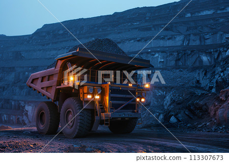 Large quarry dump truck loaded with coal against a dusky sky 113307673