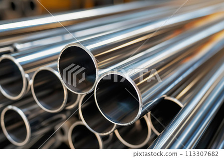 Gleaming stainless steel pipes stored in an industrial setting 113307682