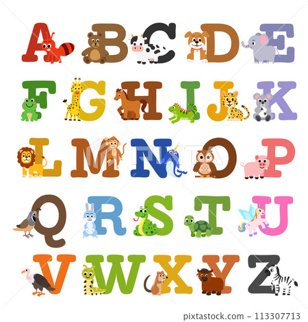 Animal Alphabet decorative collection.Vector illustration.Cartoon animals ABC education for kids Animal Alphabet decorative collection.Vector illustration.Cartoon animals ABC education for kids 113307713