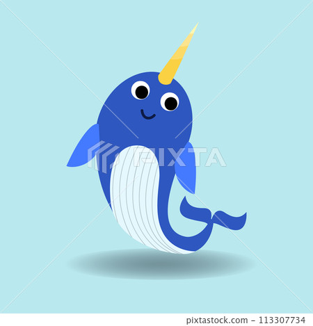 Narwhal cartoon flat style. vector illustration.Baby whale with blue background.Alphabet animal concept Narwhal cartoon flat style. vector illustration.Baby whale with blue background.Alphabet animal concept 113307734
