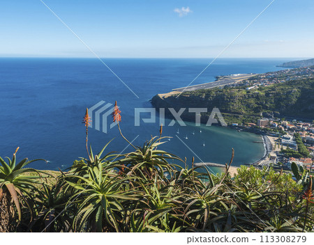 View from Pico do Facho viewpoint over the Machico valley, Airport in the background, Madeira, Portugal 113308279