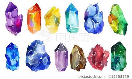 Watercolor crystals set. Isolated on white background.  113308369