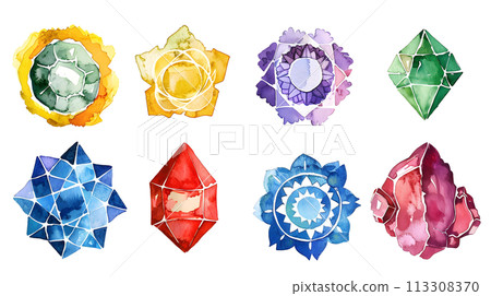Watercolor crystals set. Isolated on white background.  113308370
