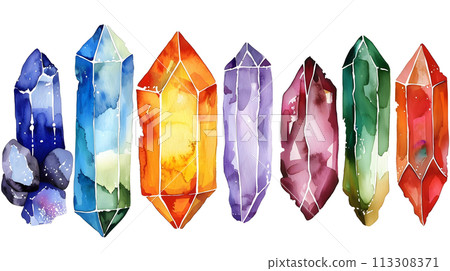 Watercolor crystals set. Isolated on white background.  113308371