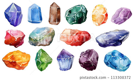 Watercolor crystals set. Isolated on white background.  113308372
