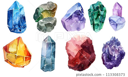 Watercolor crystals set. Isolated on white background.  113308373