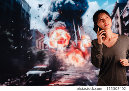 Young woman running away from bomb 113308402
