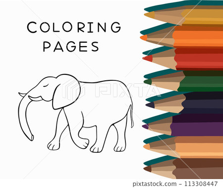 Vector isolated illustration of an elephant coloring page. Contour drawing of an elephant. 113308447
