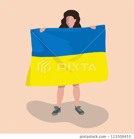 Vector isolated illustration of a girl holding a Ukrainian flag. 113308453