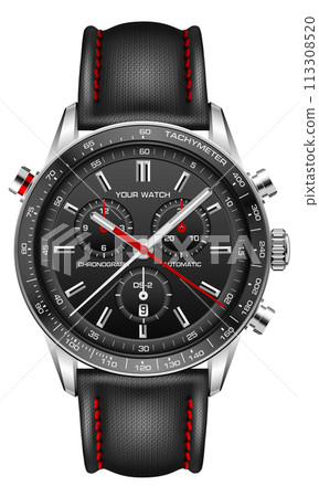 Realistic watch clock black face silver red arrow white number with fabric strap on isolated design classic luxury fashion for men vector Realistic watch clock black face silver red arrow white number with fabric strap on isolated design classic luxury fashion for men vector 113308520